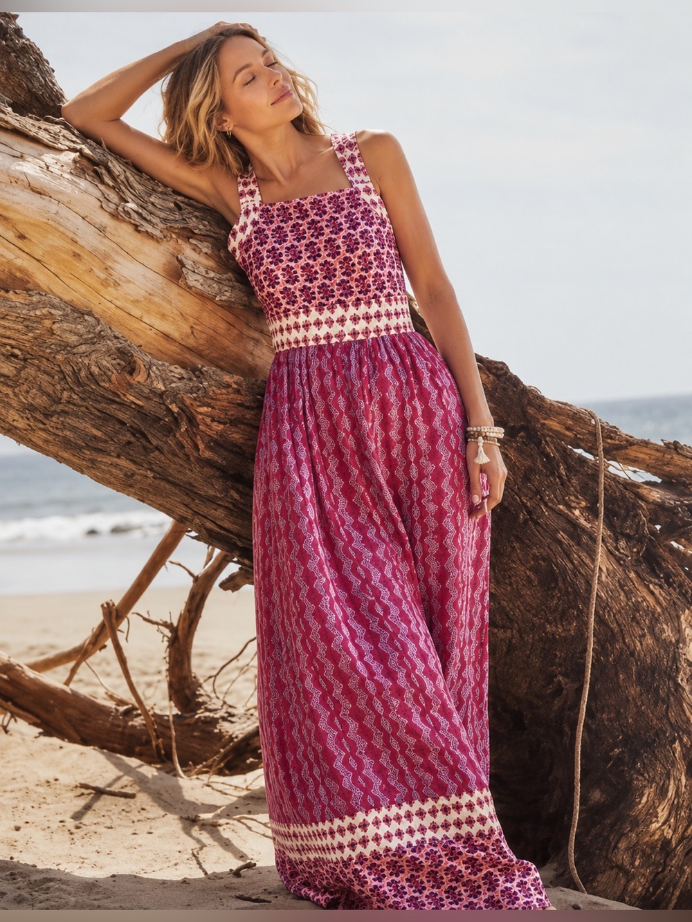 Faherty Pink and Cream Crossback Smocked Maxi Dress Size XS